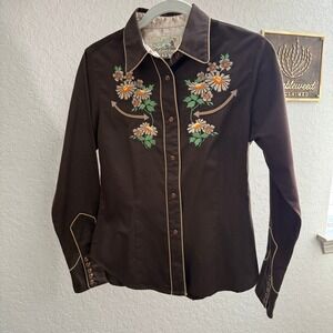 Vintage Ropey Western Shirt Women Brown Floral Embroidered Pearl Snap Size S